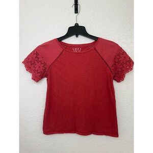 LOFT Vintage Soft Red Eyelet Lace‎ Short Sleeve T-Shirt XS Women Raglan Tee